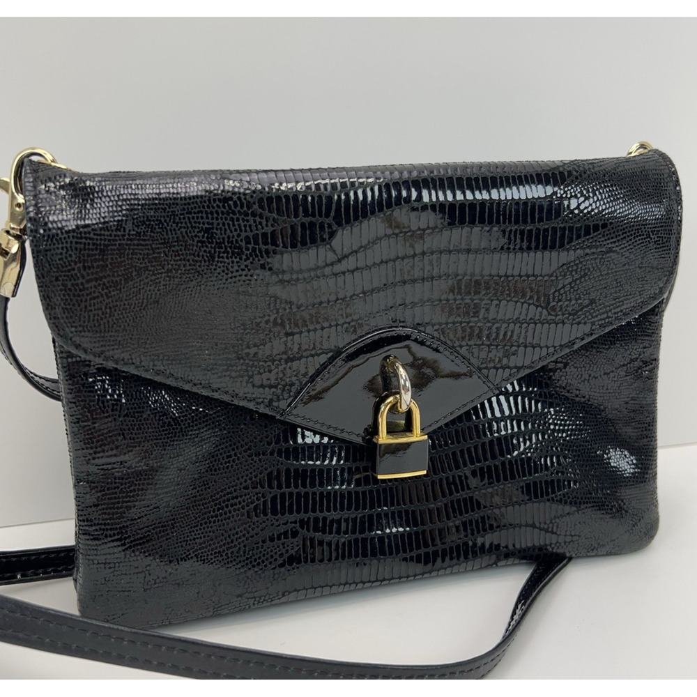 Vtg DUE FRATELLI Leather Purse Black Croc Embossed Crossbody Clutch Bag Classic - Picture 15 of 15
